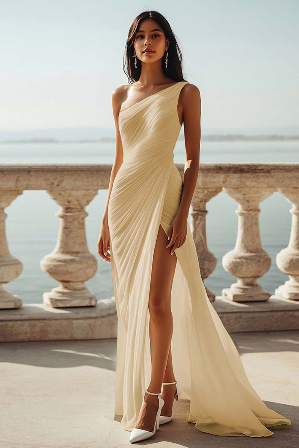 Ivory One Shoulder Ruched Maxi Dress with Slit