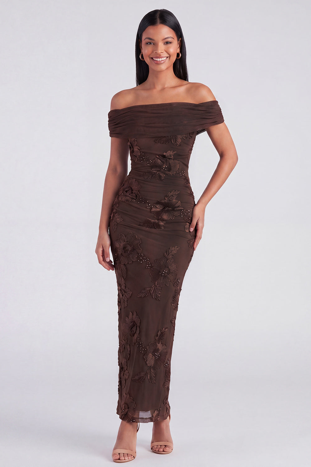 Blue Off the Shoulder Appliqued Bodycon Wedding Guest Dress