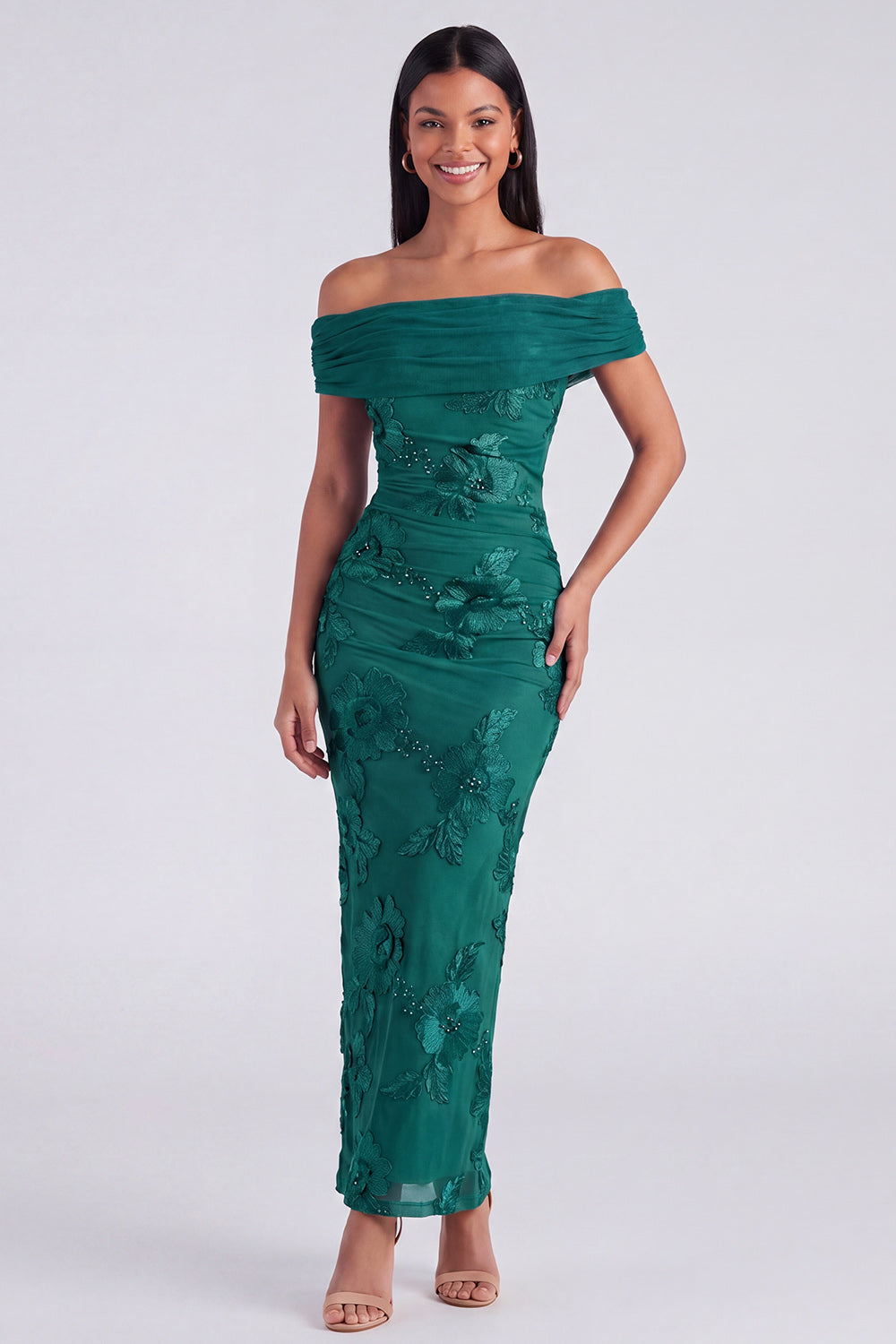 Blue Off the Shoulder Appliqued Bodycon Wedding Guest Dress