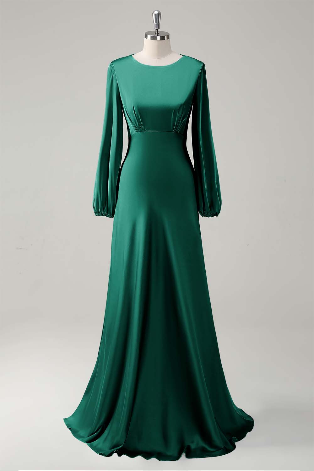 Eucalyptus Satin Round Neck Modest Bridesmaid Dress with Long Sleeves