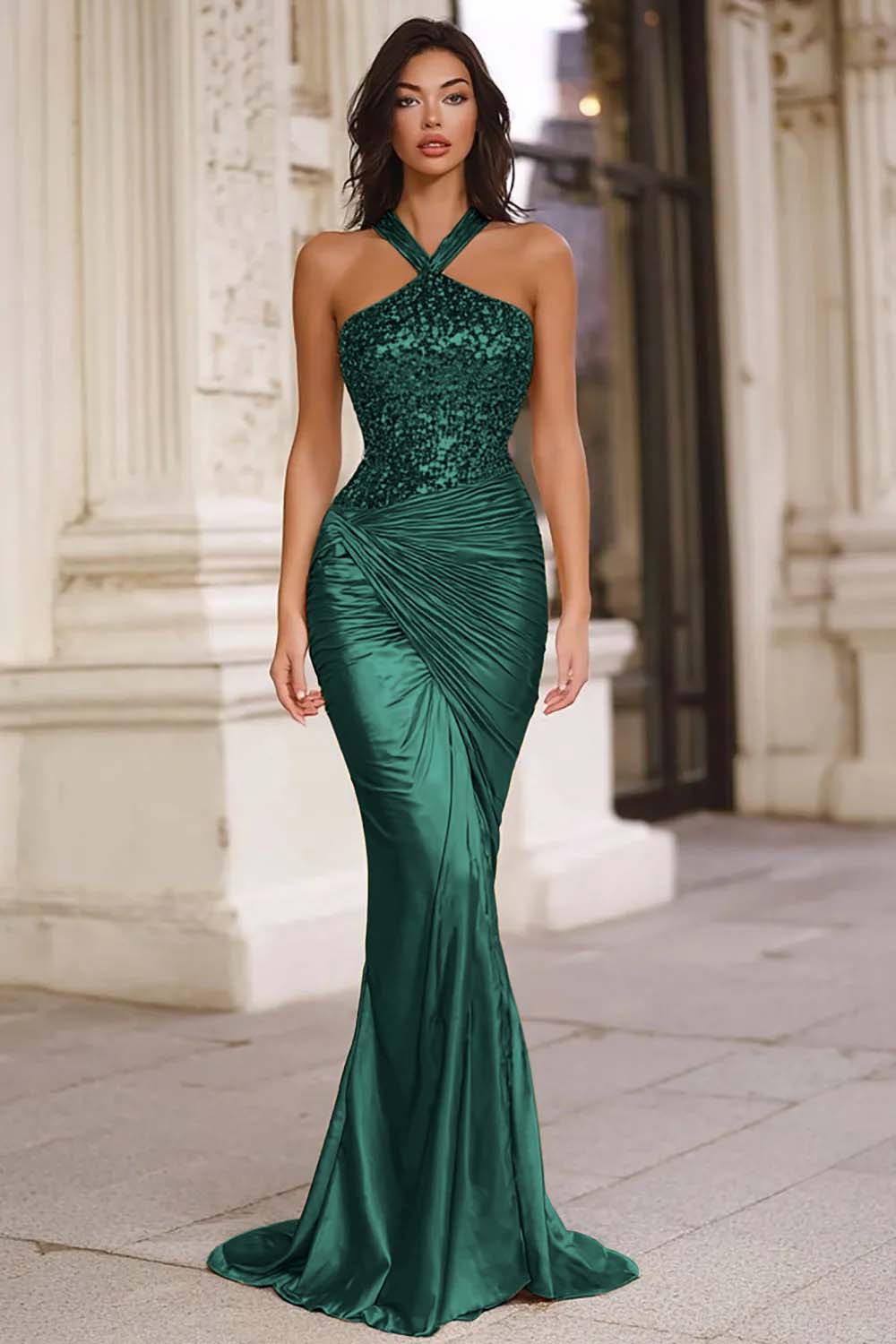 Gold Halter Pleated Mermaid Gala Dress With Sequins