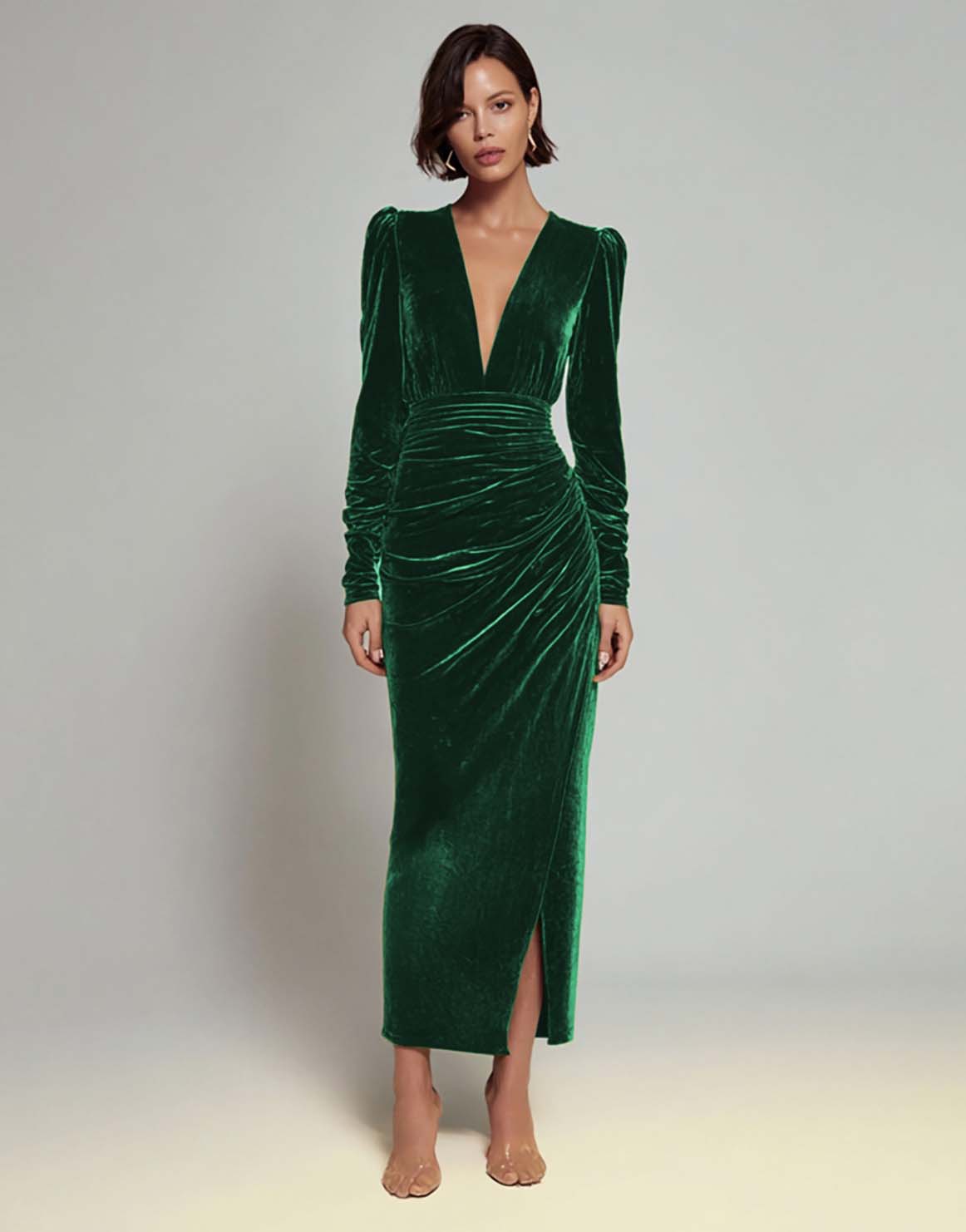 Olive Velvet Ruched Sheath Formal Dress with Long Sleeves