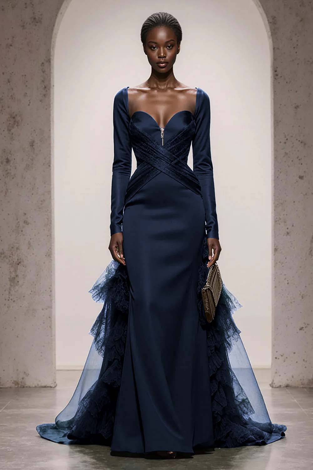 Dark Green Satin Mermaid Evening Dress With Long Sleeves