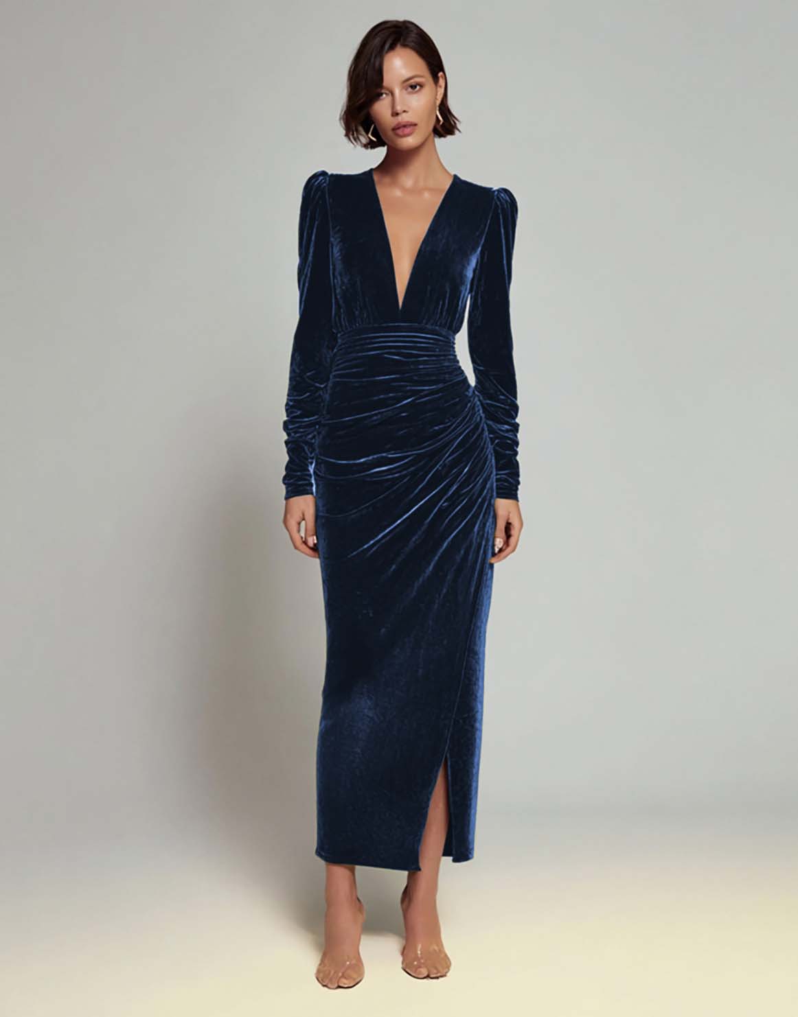 Olive Velvet Ruched Sheath Formal Dress with Long Sleeves
