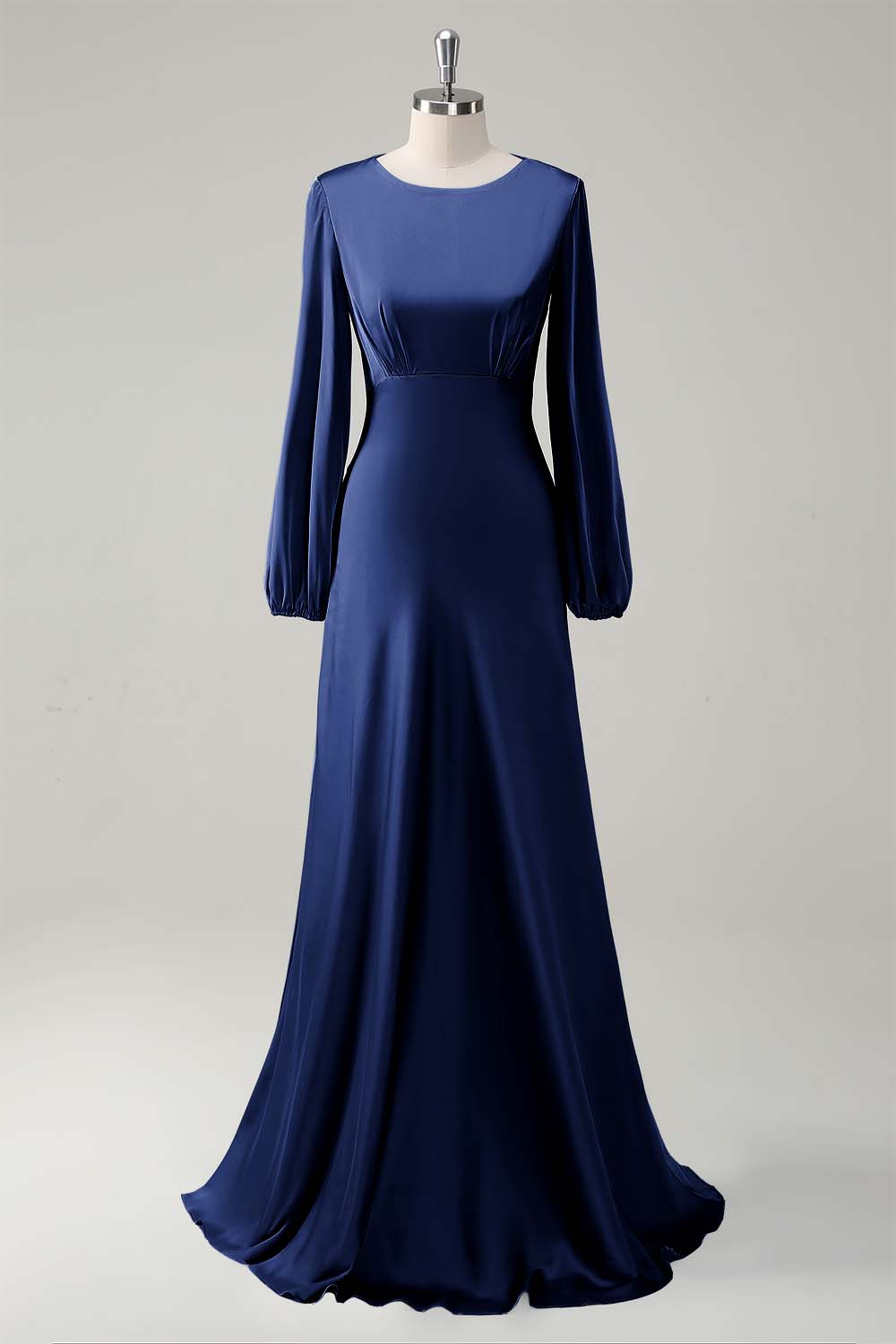Eucalyptus Satin Round Neck Modest Bridesmaid Dress with Long Sleeves