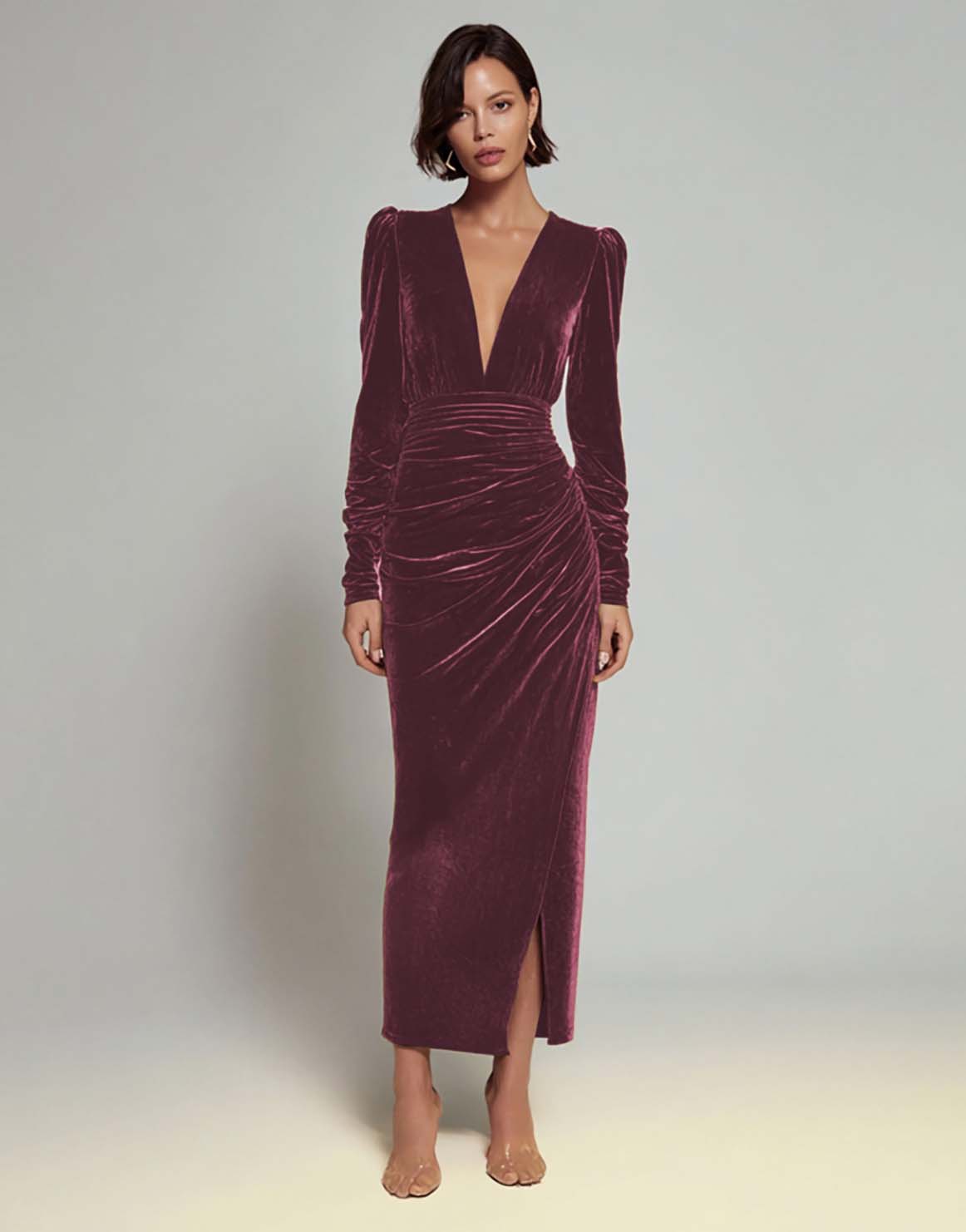 Olive Velvet Ruched Sheath Formal Dress with Long Sleeves