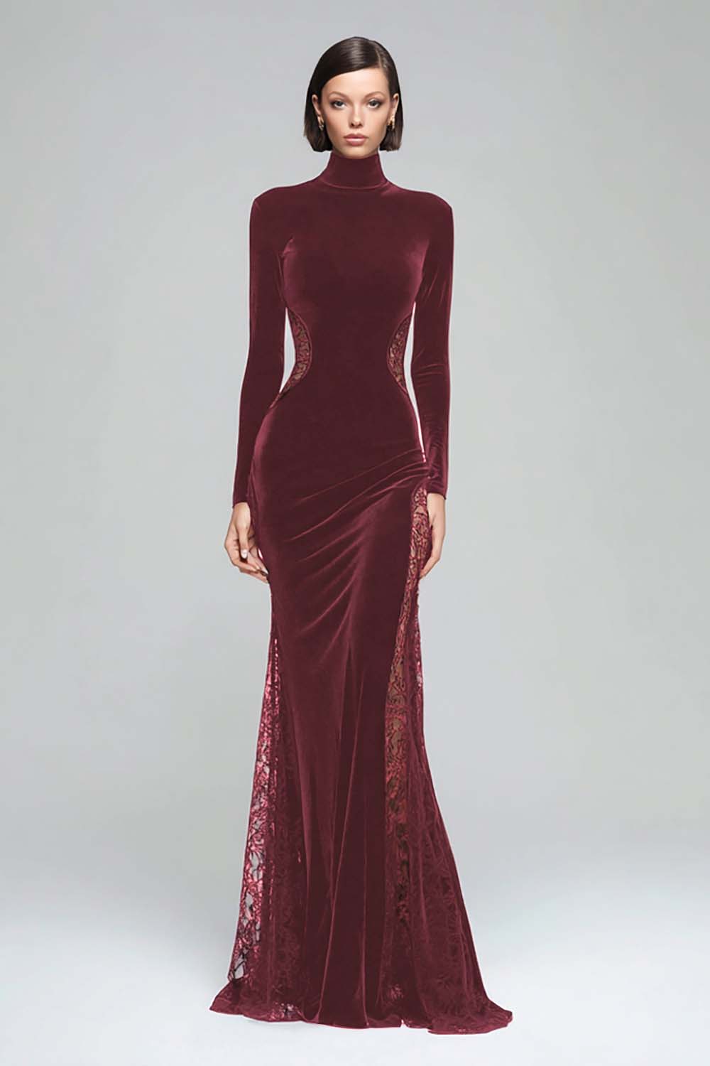 Mermaid Velvet High Neck Black Tie Dress With Lace