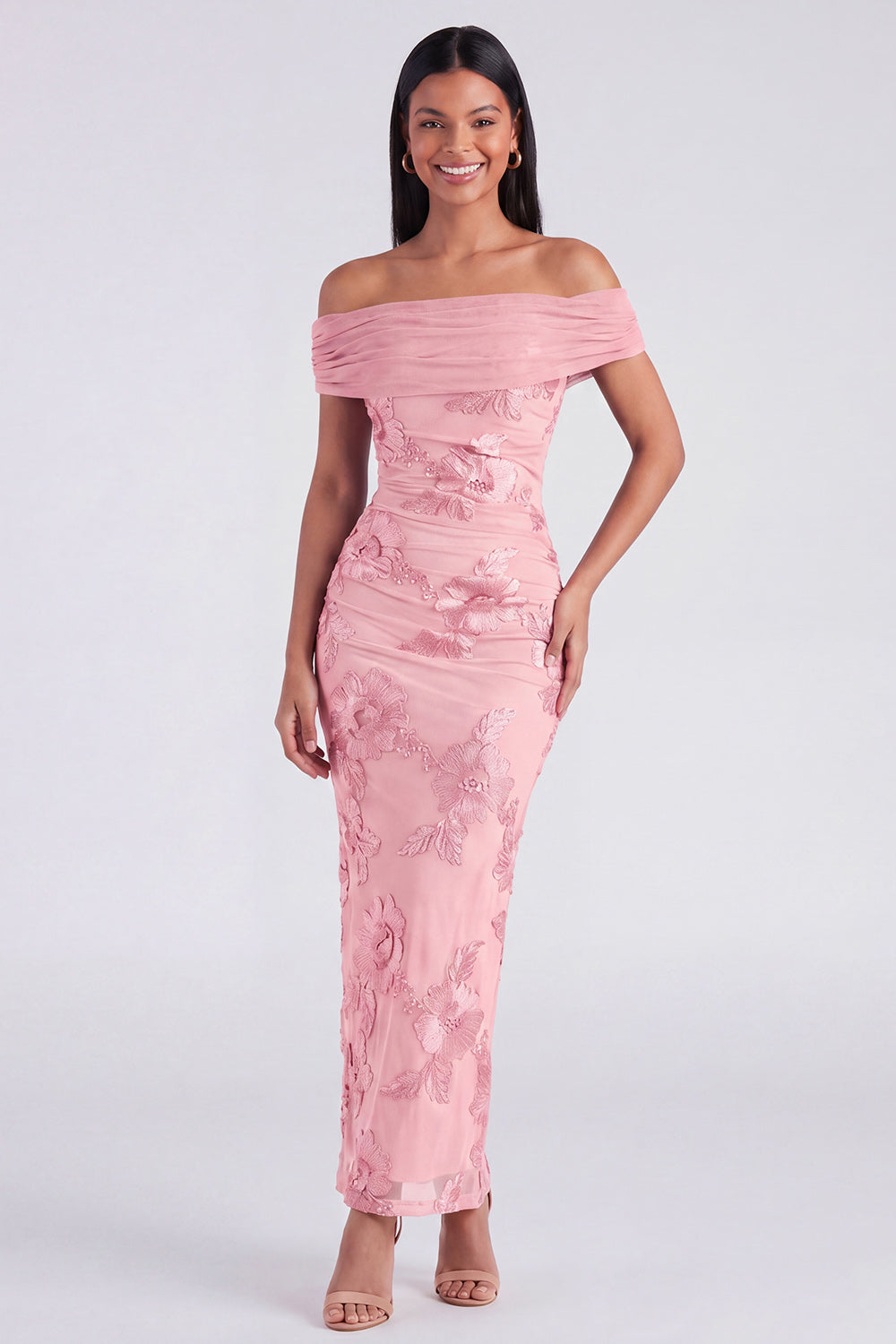 Blue Off the Shoulder Appliqued Bodycon Wedding Guest Dress