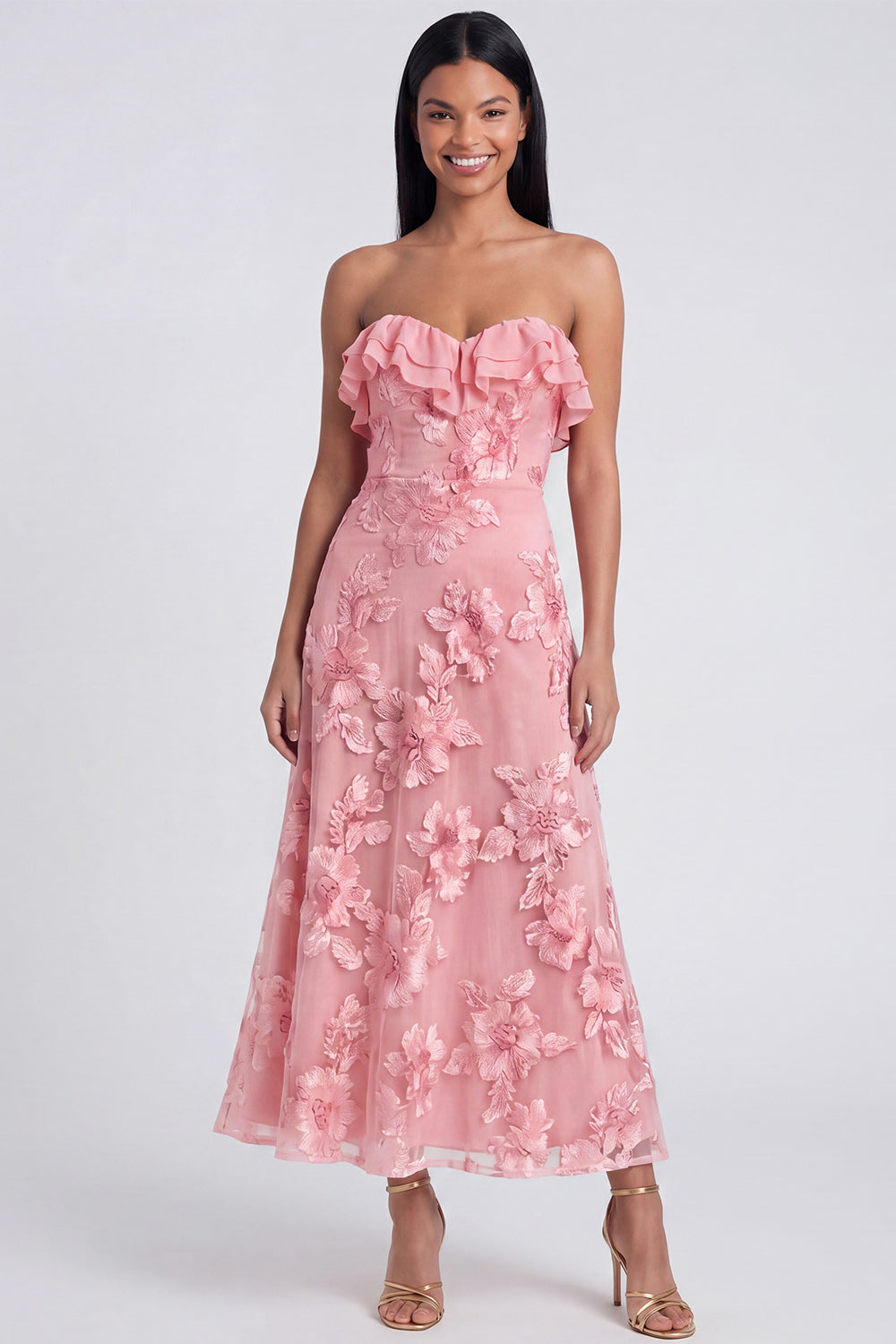 Strapless Ruffled A Line Floral Appliqued Yellow Wedding Guest Dress