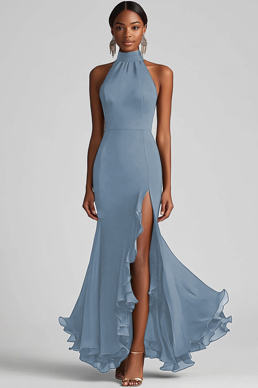 Halter Ruffle Mermaid Black Tie Dress with Slit