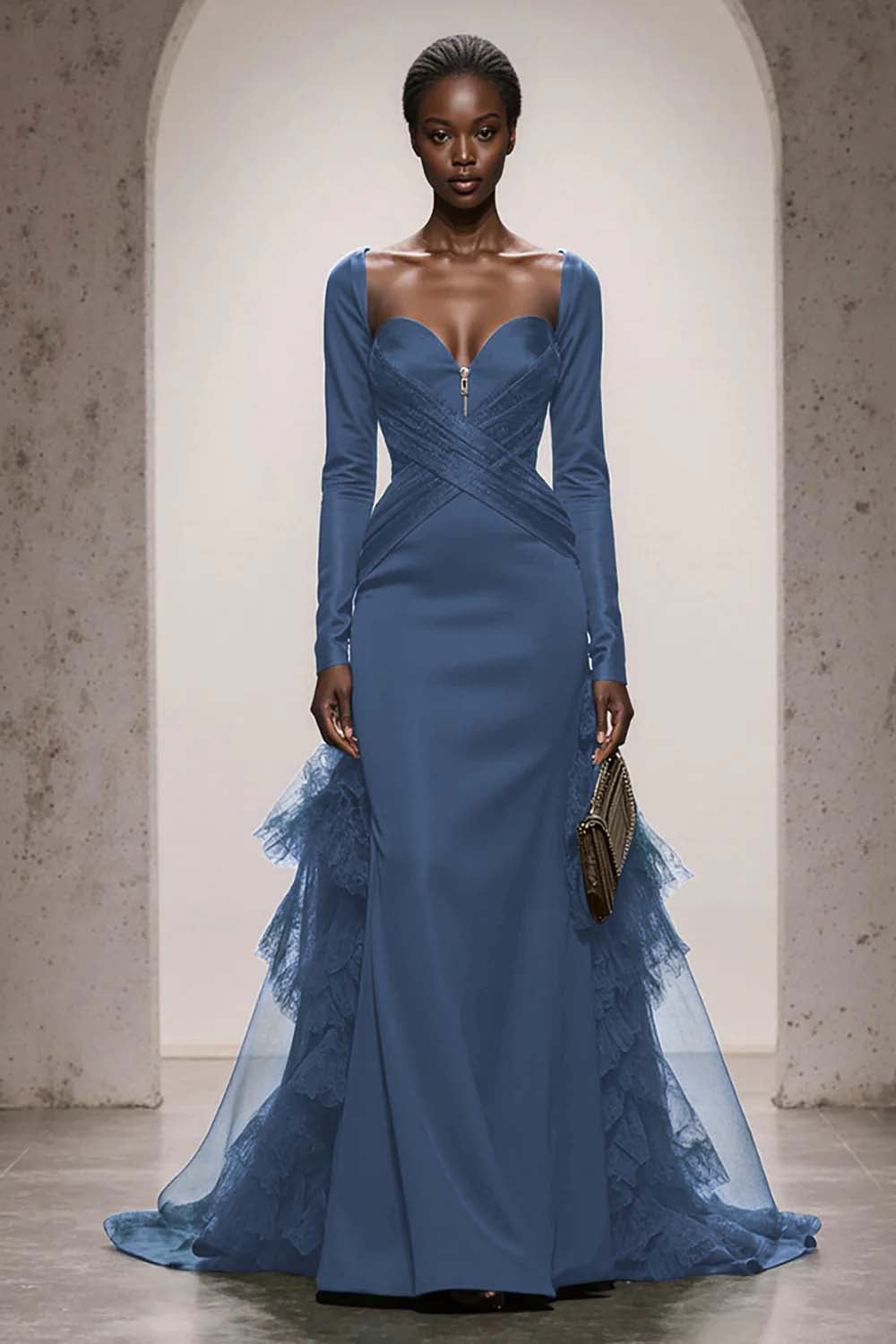 Dark Green Satin Mermaid Evening Dress With Long Sleeves