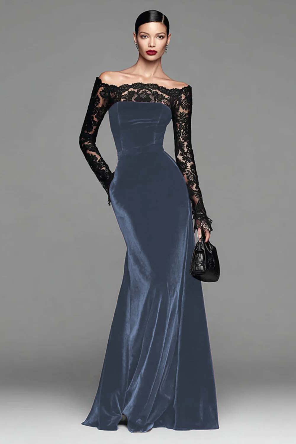 Burgundy Velvet Off The Shoulder Mermaid Formal Dress with Long Sleeves