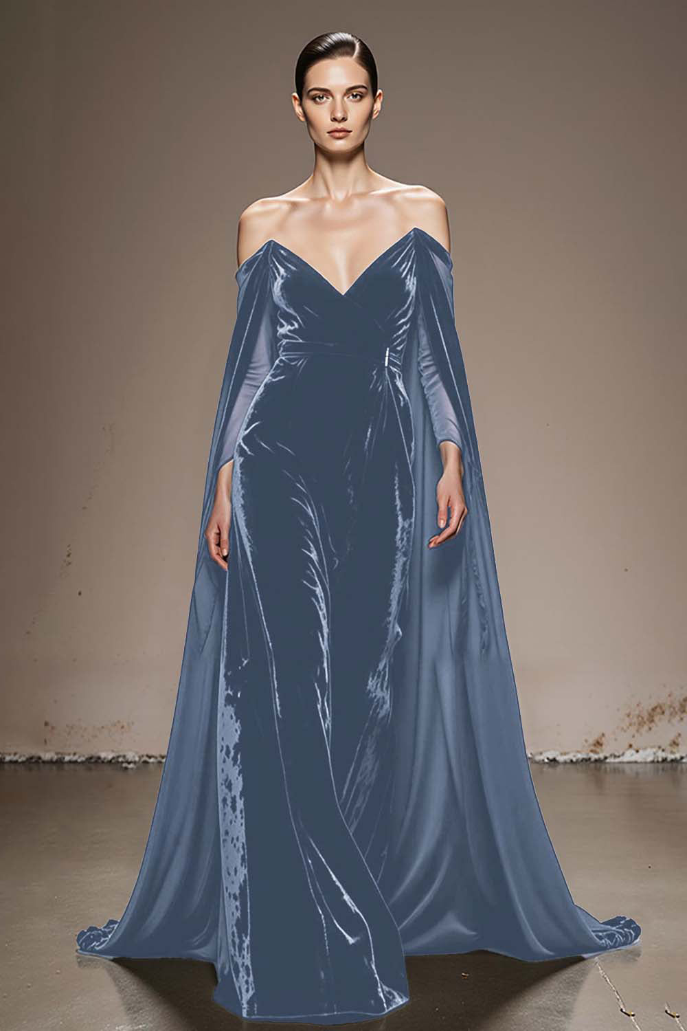 Black Off The Shoulder Velvet Evening Dress with Cloak