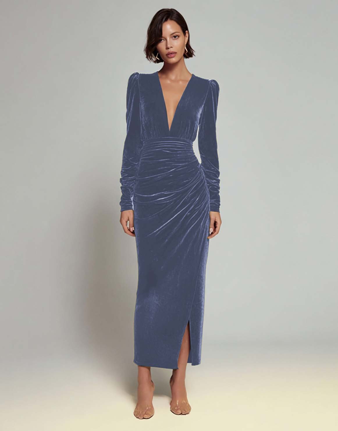 Olive Velvet Ruched Sheath Formal Dress with Long Sleeves