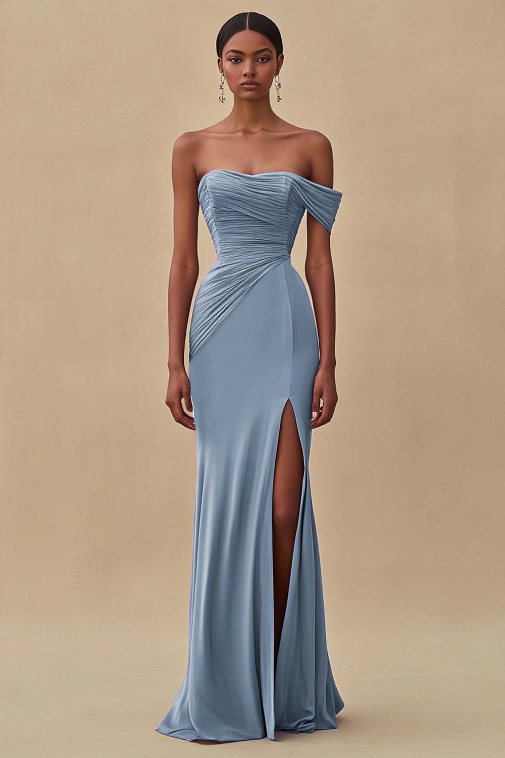 One Shoulder Purple Ruched Sheath Long Formal Dress with Slit