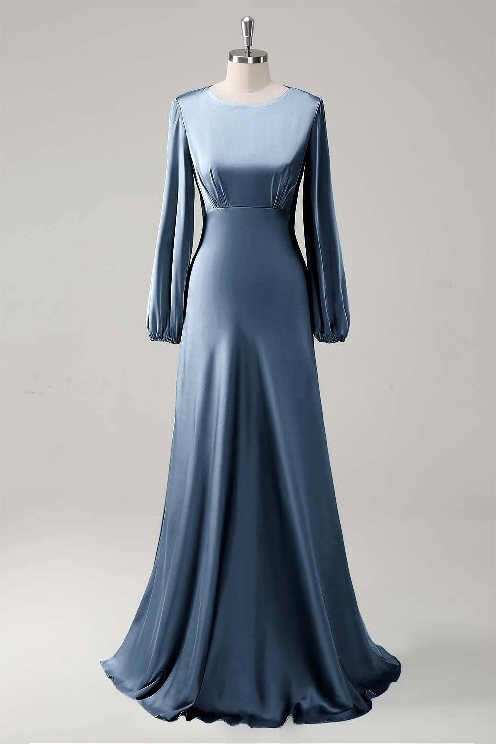 Eucalyptus Satin Round Neck Modest Bridesmaid Dress with Long Sleeves
