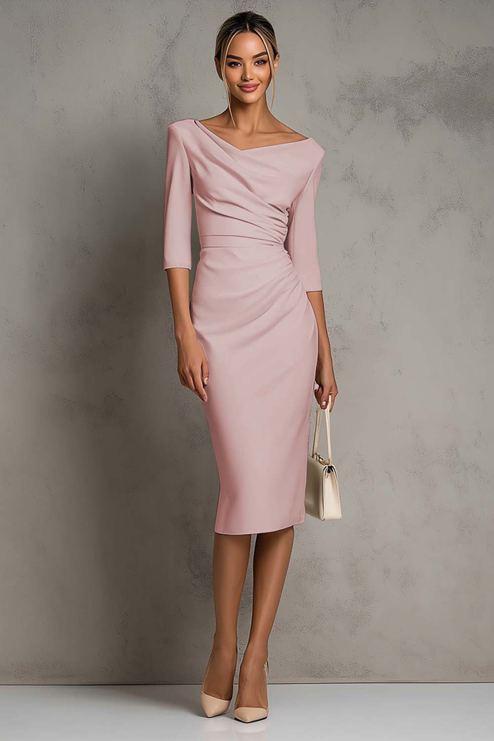Ivory Sheath V-Neck Midi Dress With Half Sleeves