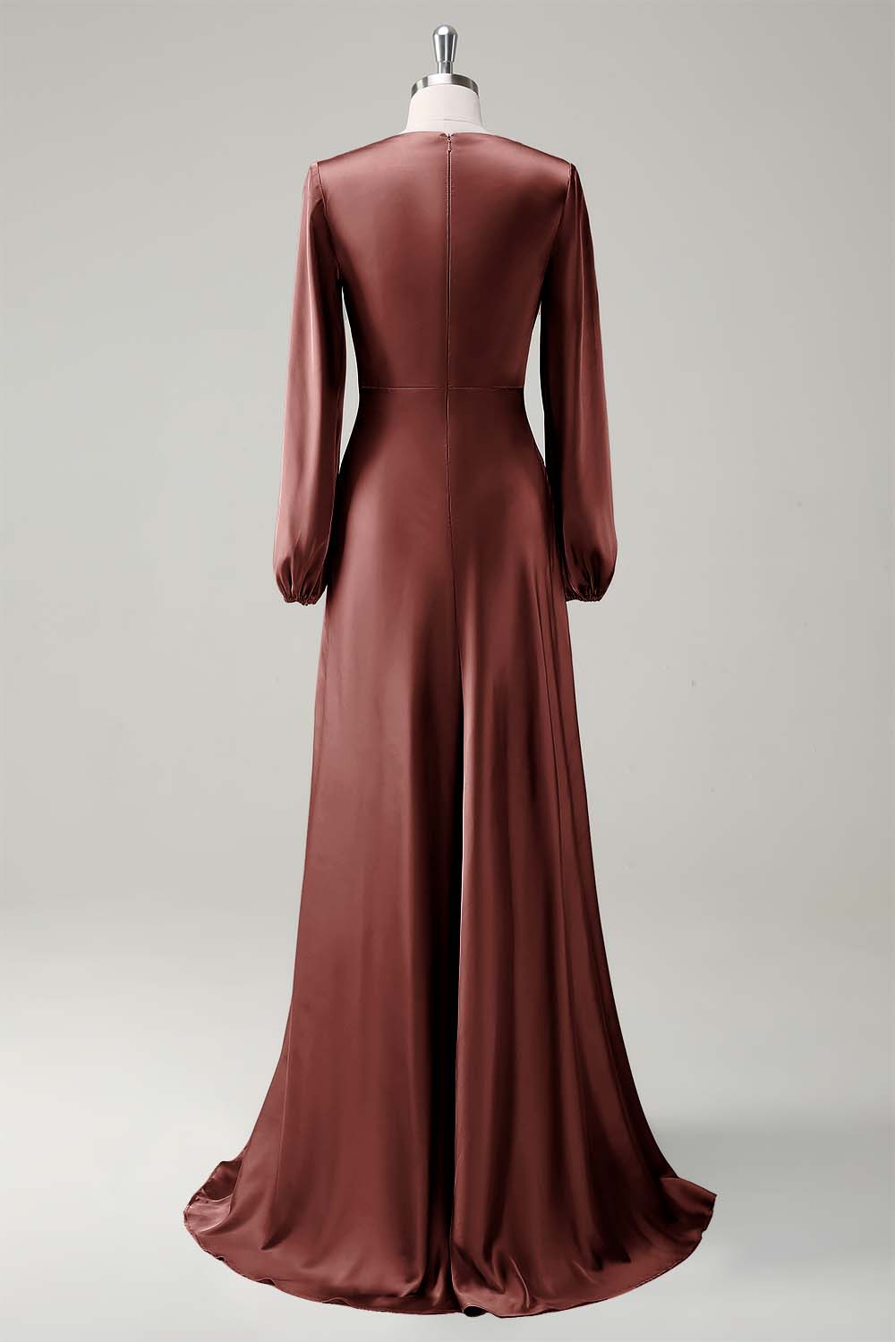 Eucalyptus Satin Round Neck Modest Bridesmaid Dress with Long Sleeves