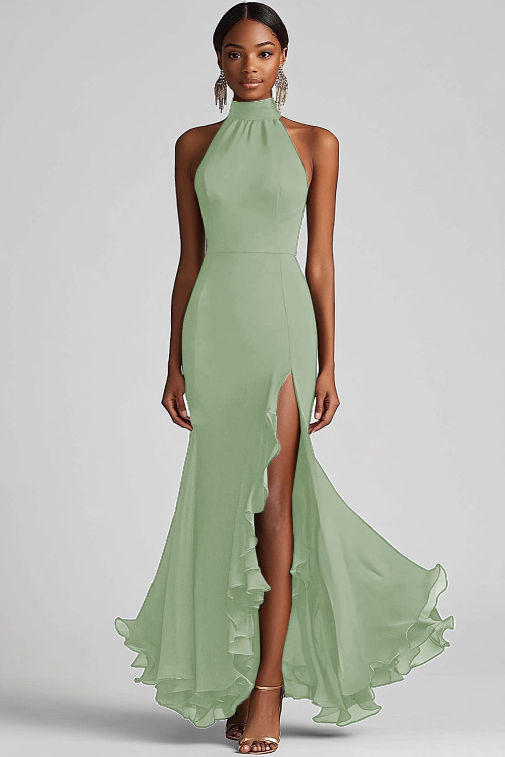 Halter Ruffle Mermaid Black Tie Dress with Slit