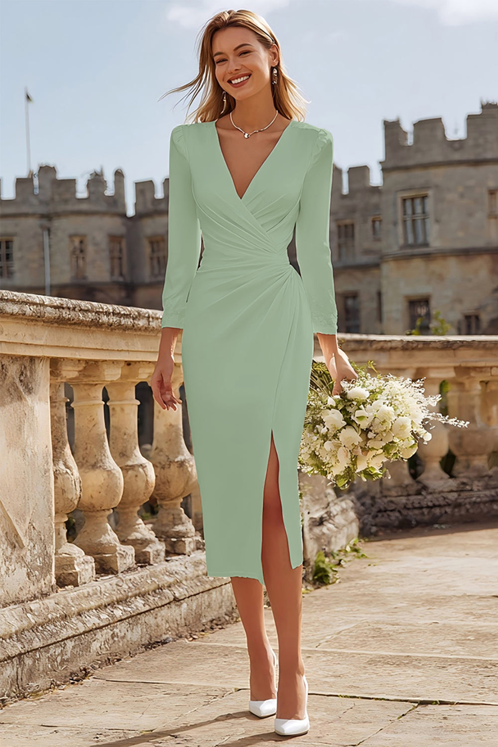 Ivory V-Neck Ruched Engagement Dress With Slit