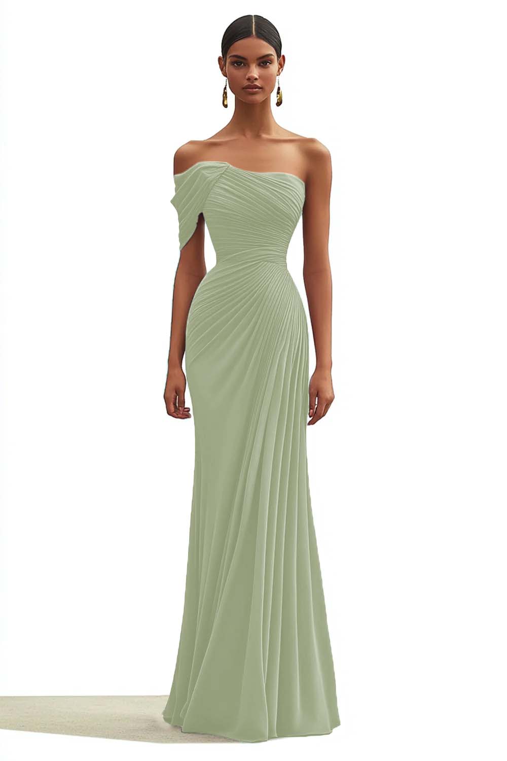 One Shoulder Sheath Pleated Dark Green Long Formal Dress