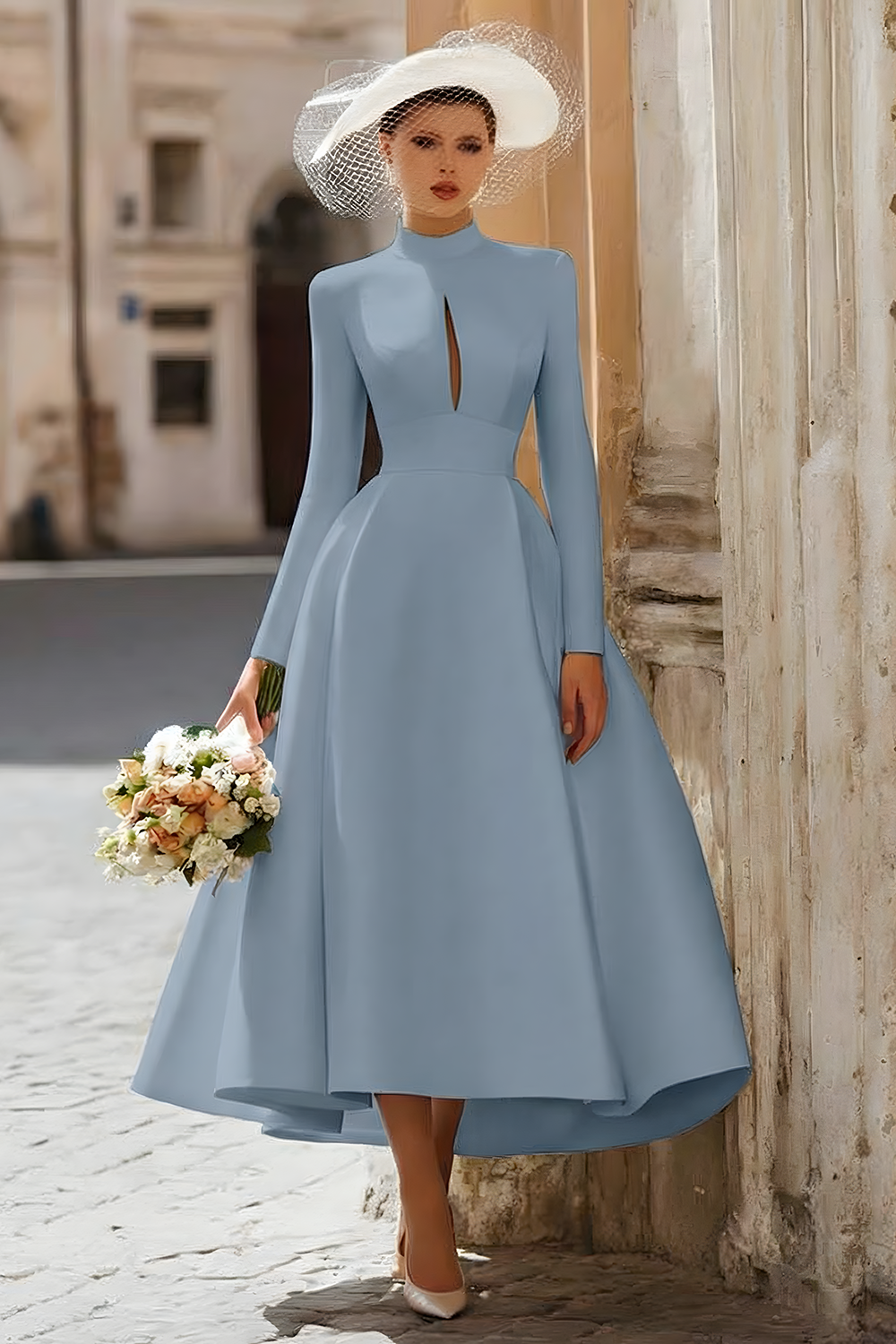 Satin A-Line Ivory Cut Out Midi Wedding Dress