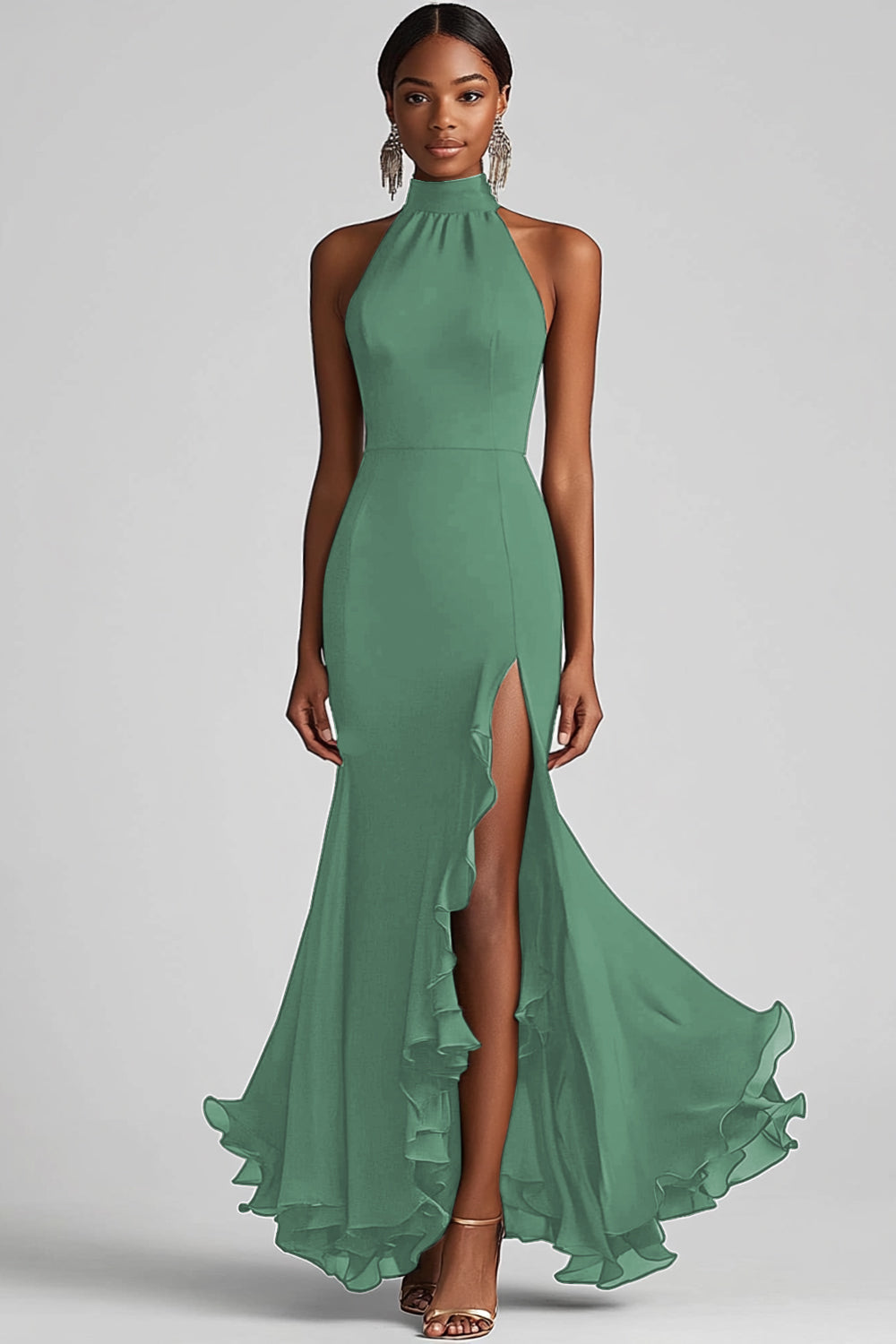 Halter Ruffle Mermaid Black Tie Dress with Slit