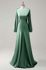 Eucalyptus Satin Round Neck Modest Bridesmaid Dress with Long Sleeves