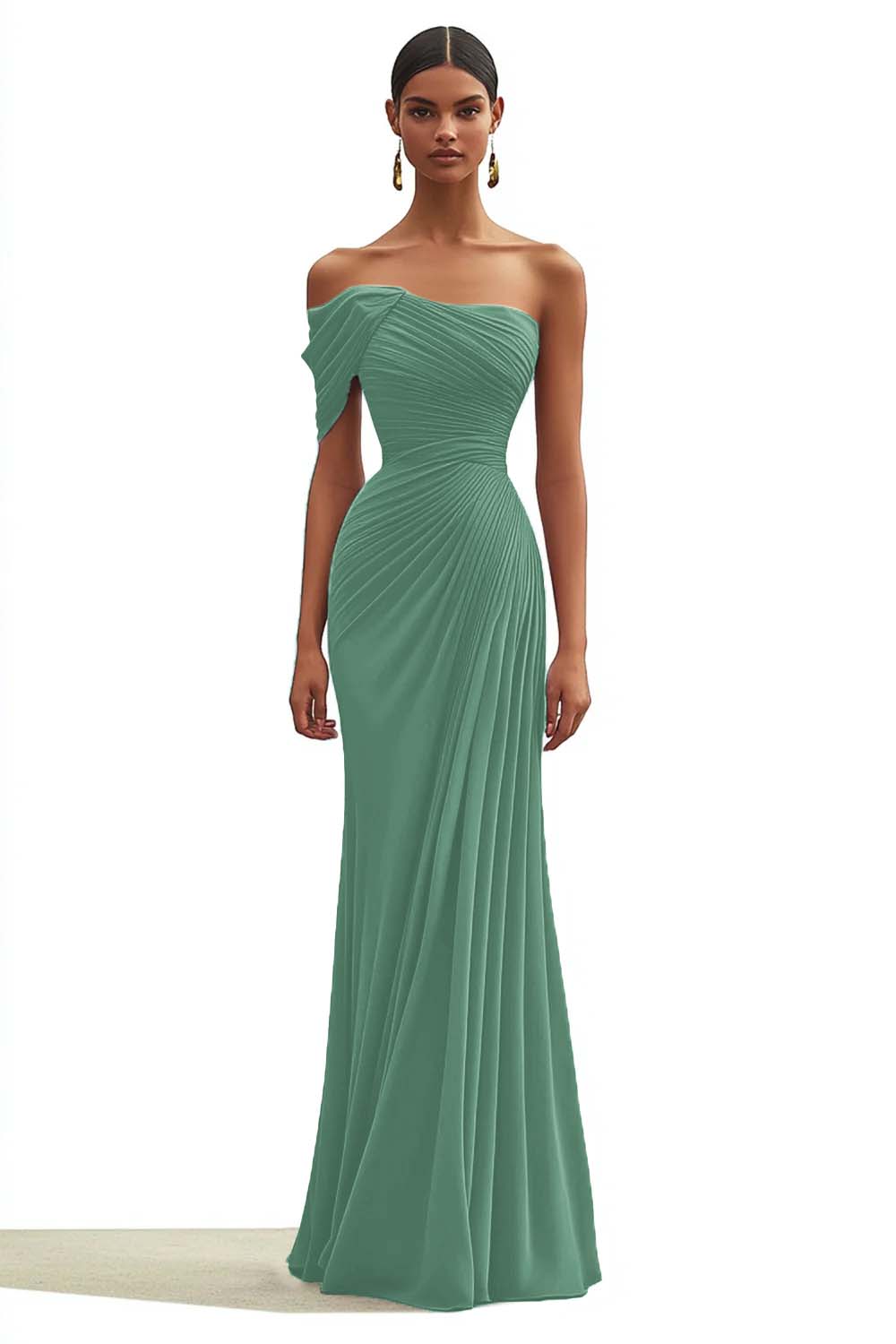 One Shoulder Sheath Pleated Dark Green Long Formal Dress