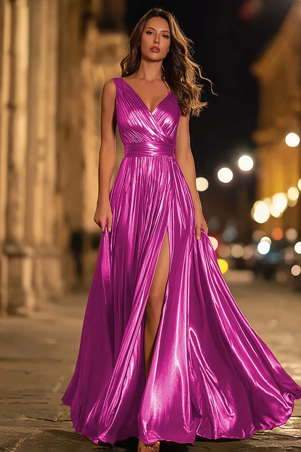 Metallic Gold Pleated A-Line V-Neck Formal Dress With Slit