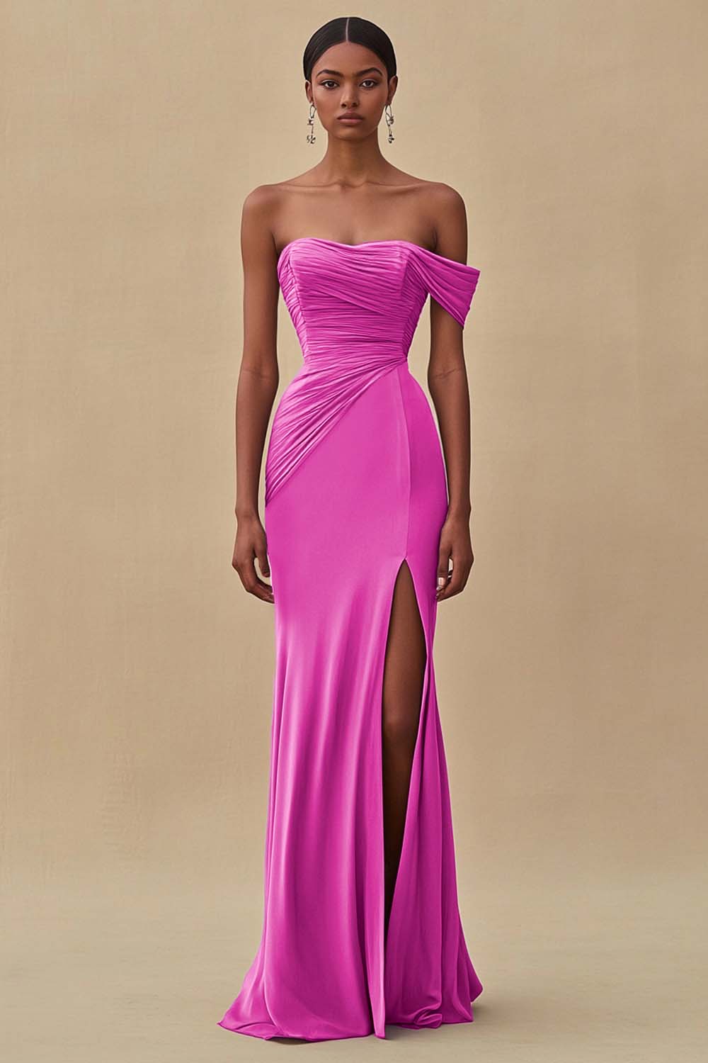 One Shoulder Purple Ruched Sheath Long Formal Dress with Slit