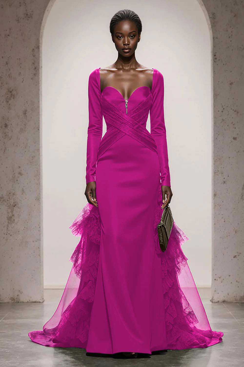 Dark Green Satin Mermaid Evening Dress With Long Sleeves