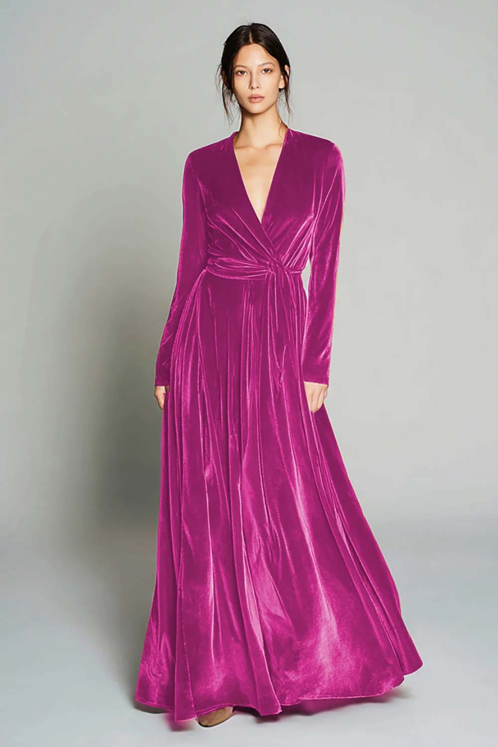 Brown Velvet A-Line V-Neck Long Sleeve Holiday Dress
