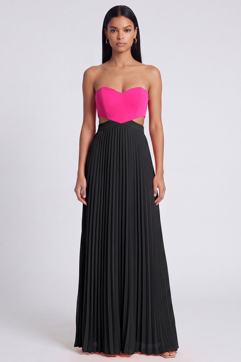 Strapless ColorBlock Pleated Pink and Orange A Line Formal Dress