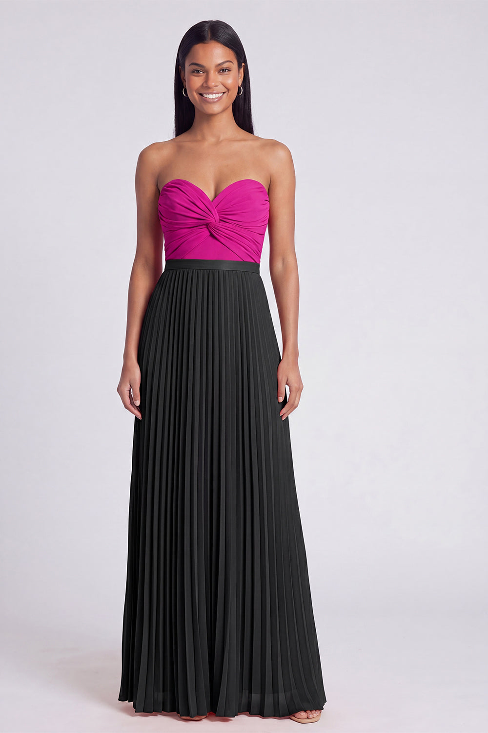 Strapless Pink and Orange ColorBlock Pleated A Line Formal Dress