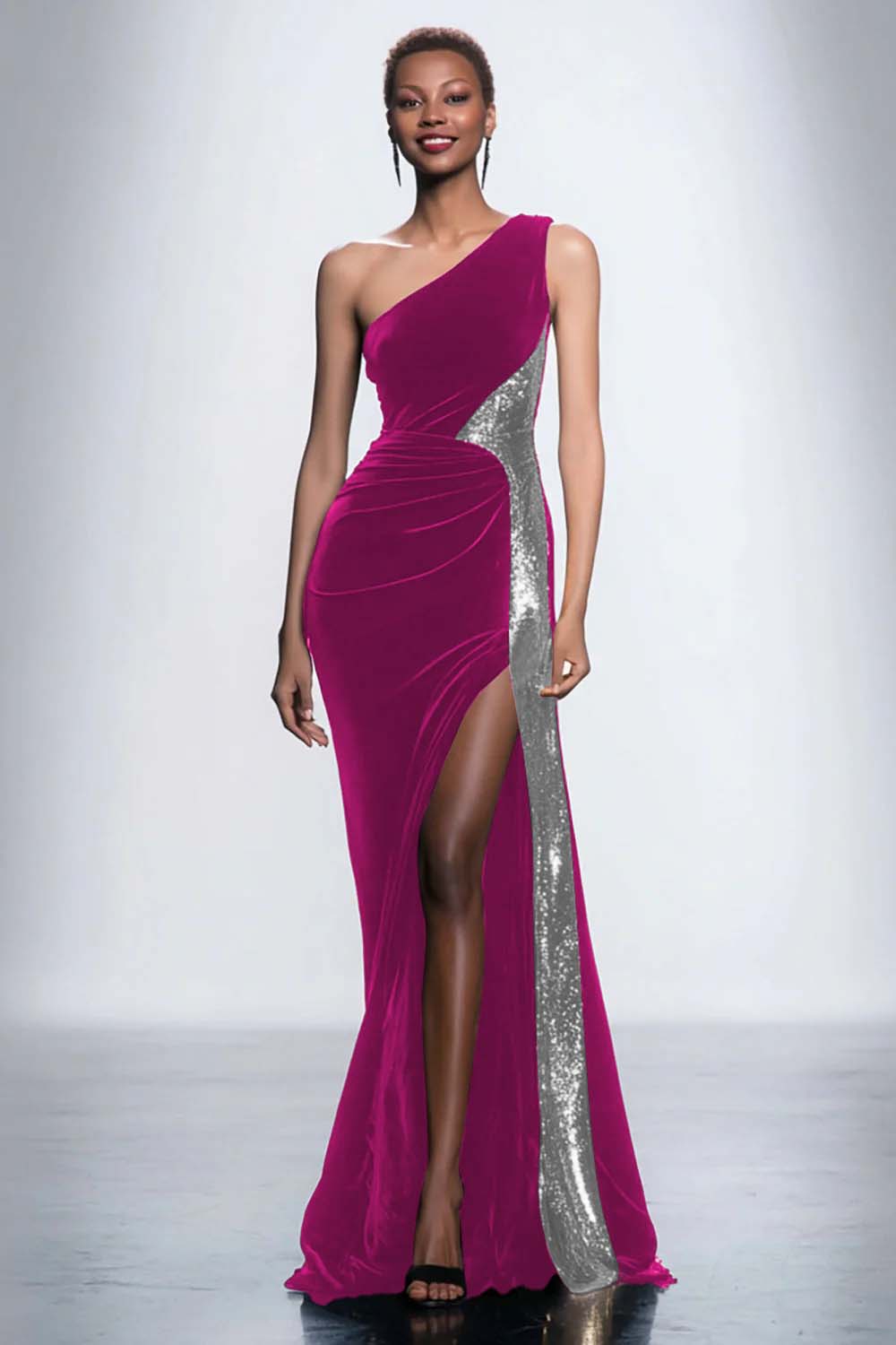 One Shoulder Velvet Sequin Mermaid Black Tie Dress With Slit