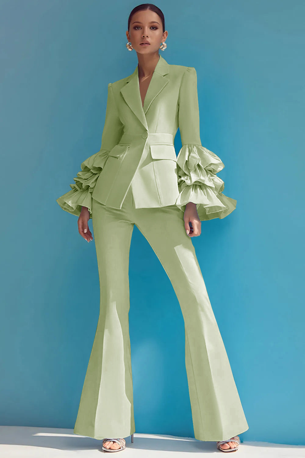 Blue 2-Piece Notched Lapel Women Suits With Ruffles