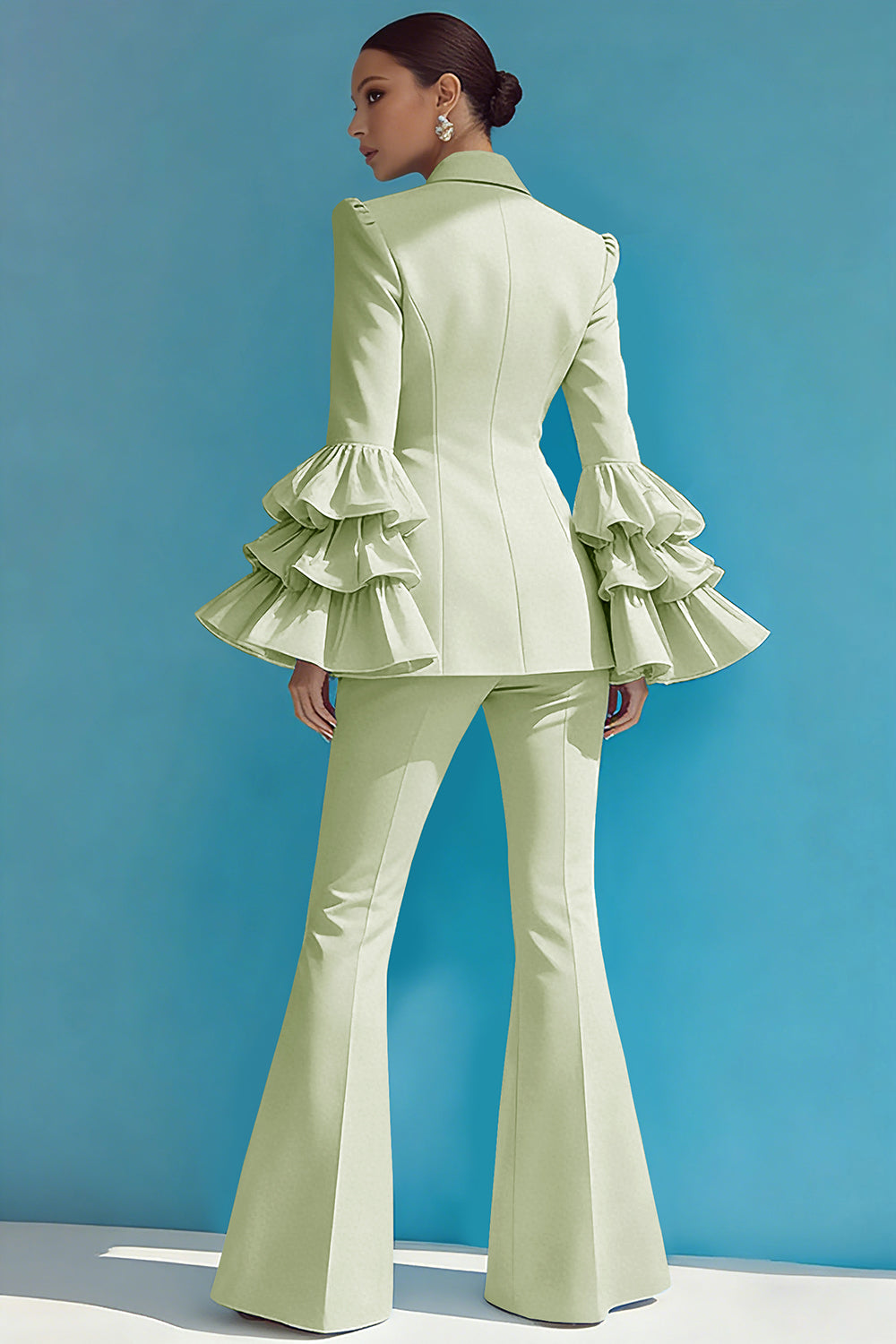 Blue 2-Piece Notched Lapel Women Suits With Ruffles