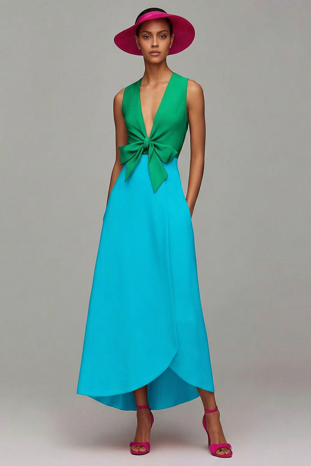 Orange and Fuchsia V-Neck A-Line Formal Dress With Bow