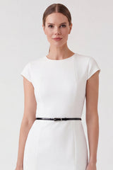 White Round Neck Bodycon Work Dress with Belt