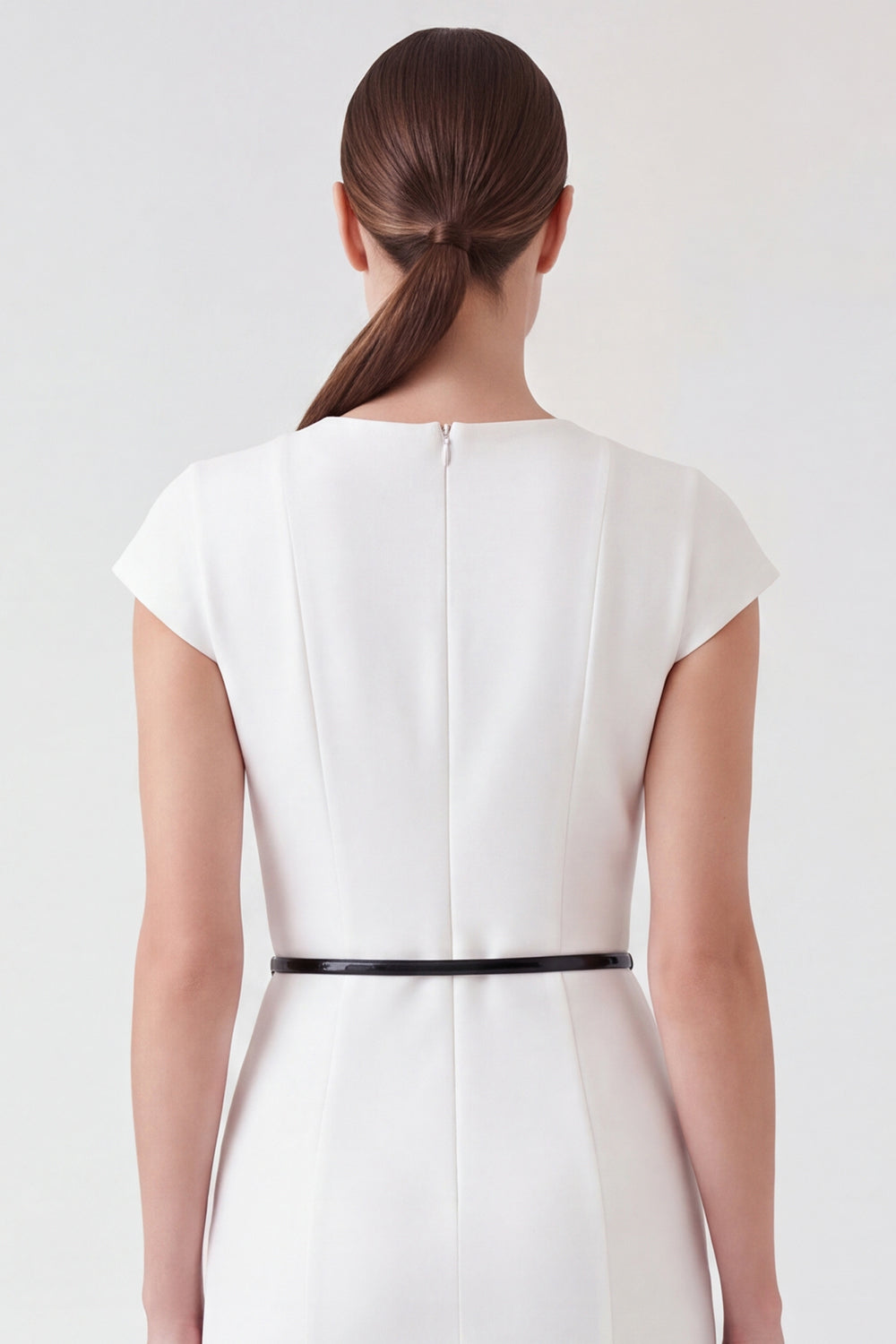 White Round Neck Bodycon Work Dress with Belt