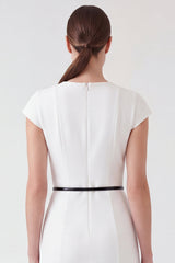 White Round Neck Bodycon Work Dress with Belt