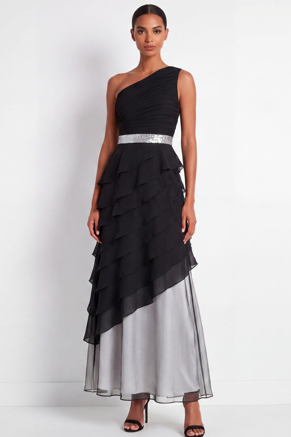 One Shoulder Black A Line Ruched Formal Dress with Ruffles