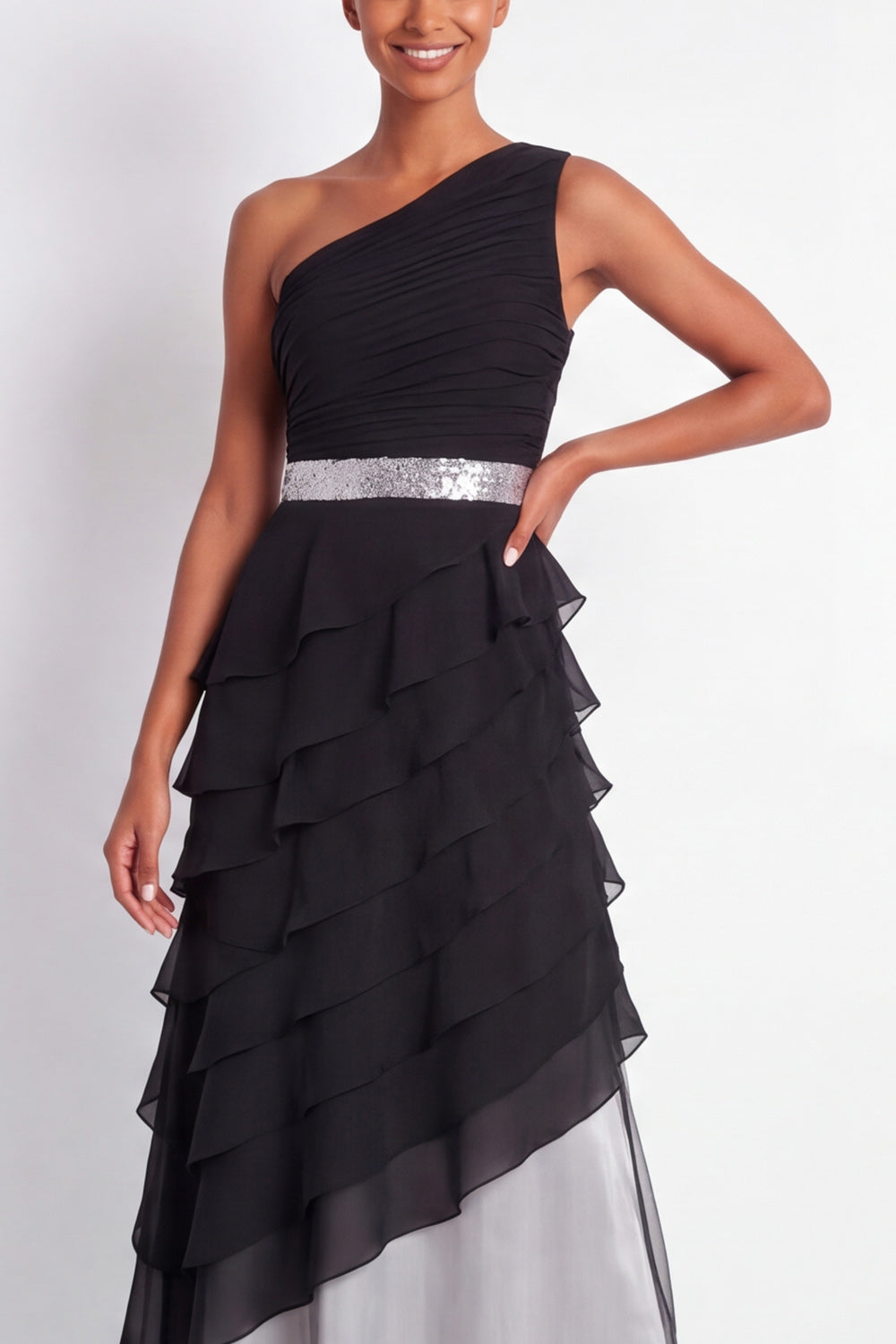 One Shoulder Black A Line Ruched Formal Dress with Ruffles