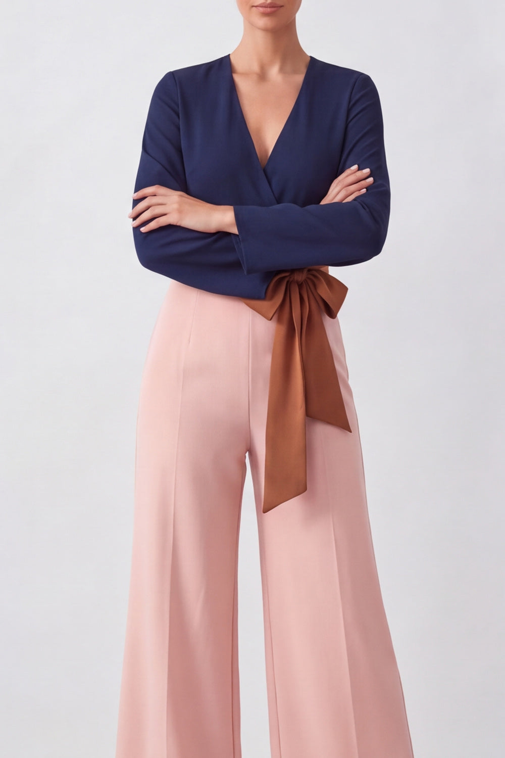 Long Sleeve Brown V Neck Mother of the Bride Jumpsuit with Bow