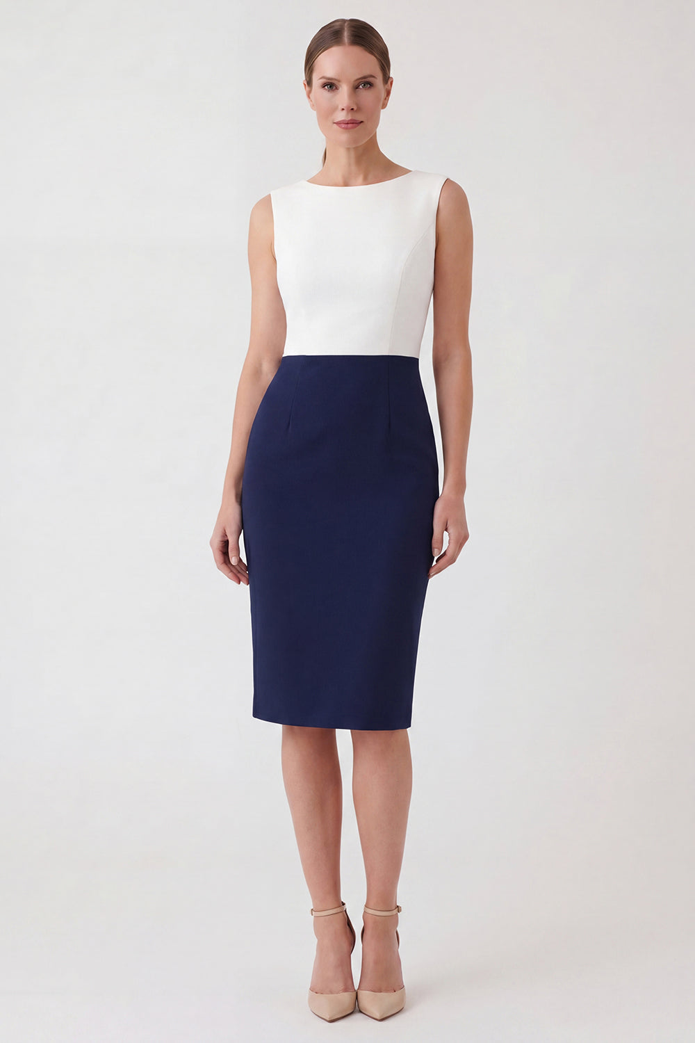 Colorblock Navy Bodycon Midi Work Dress with Slit