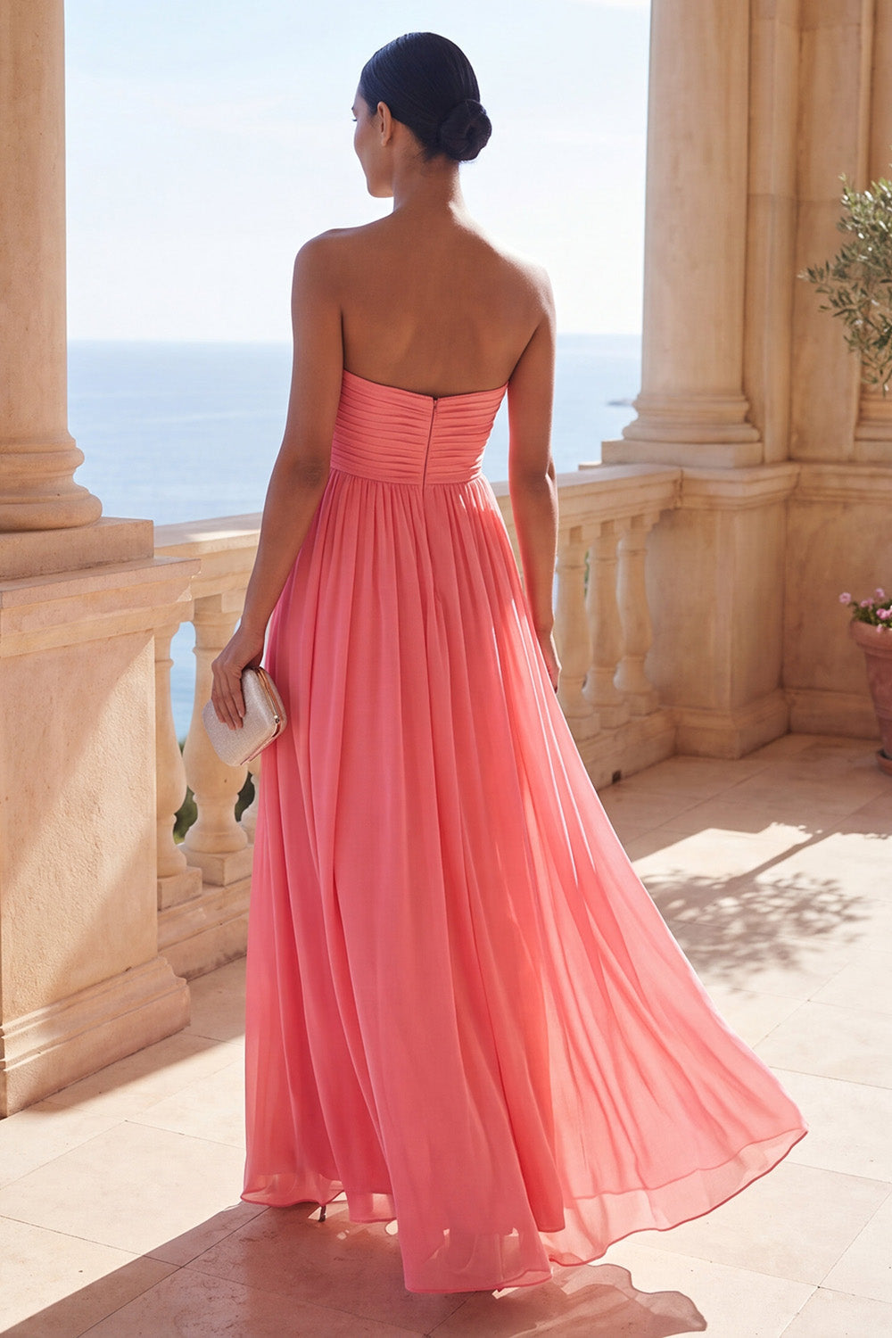 Strapless Pink A Line Pleated Wedding Guest Dress