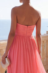 Strapless Pink A Line Pleated Wedding Guest Dress
