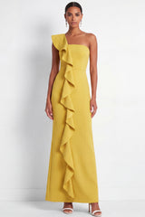 One Shoulder Yellow Mermaid Ruffled Maxi Formal Dress