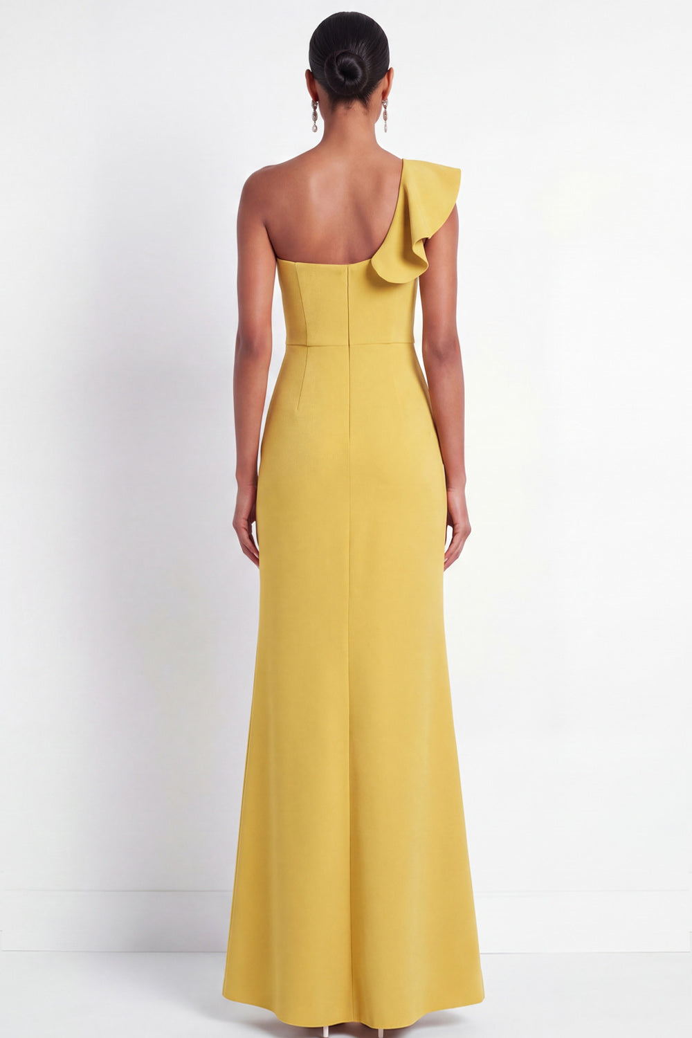 One Shoulder Yellow Mermaid Ruffled Maxi Formal Dress